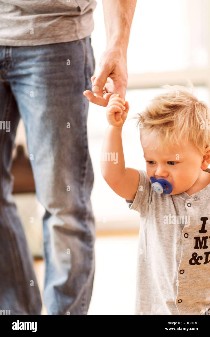 Midsection of father holding baby boy's finger at home Stock Photo