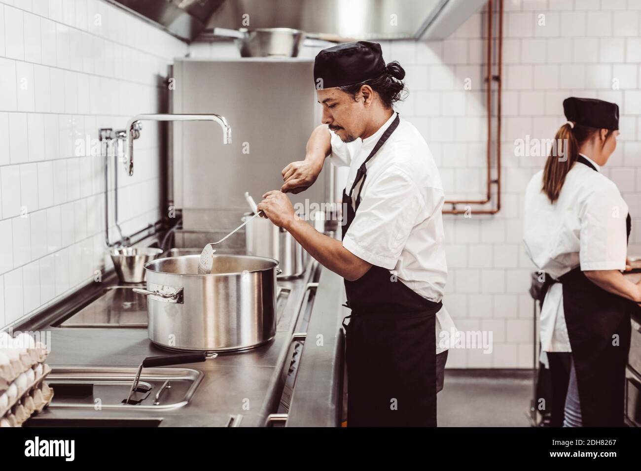Chefs preparing food in commercial kitchen Stock Photo - Alamy