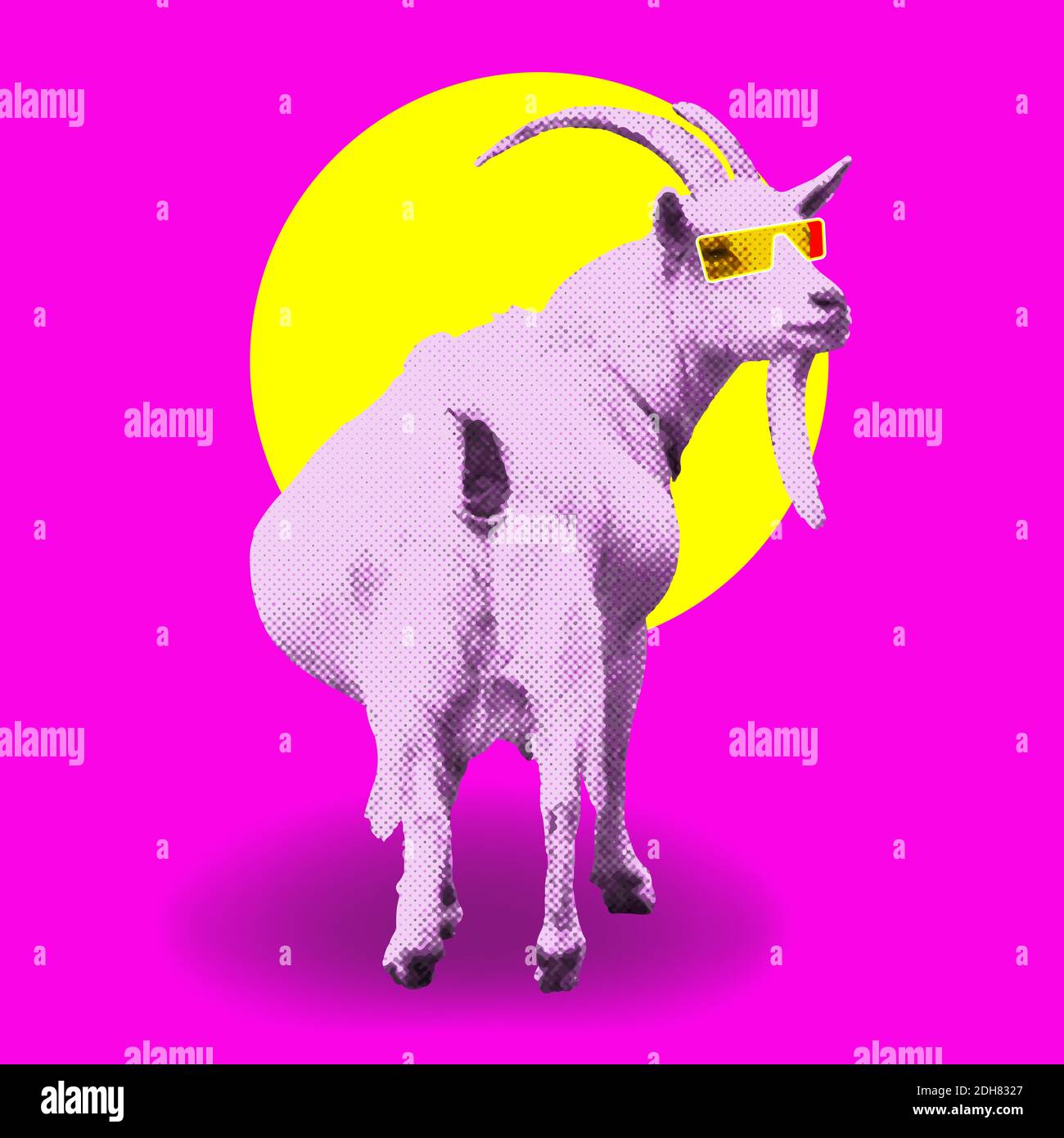 Fun Goat with yellow glasses bright poster collage . Vector illustration zine style Stock Vector