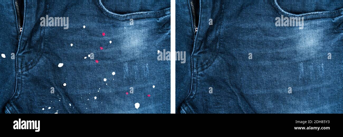Dry cleaning of clothes from paint spots or stain. Bafore and after