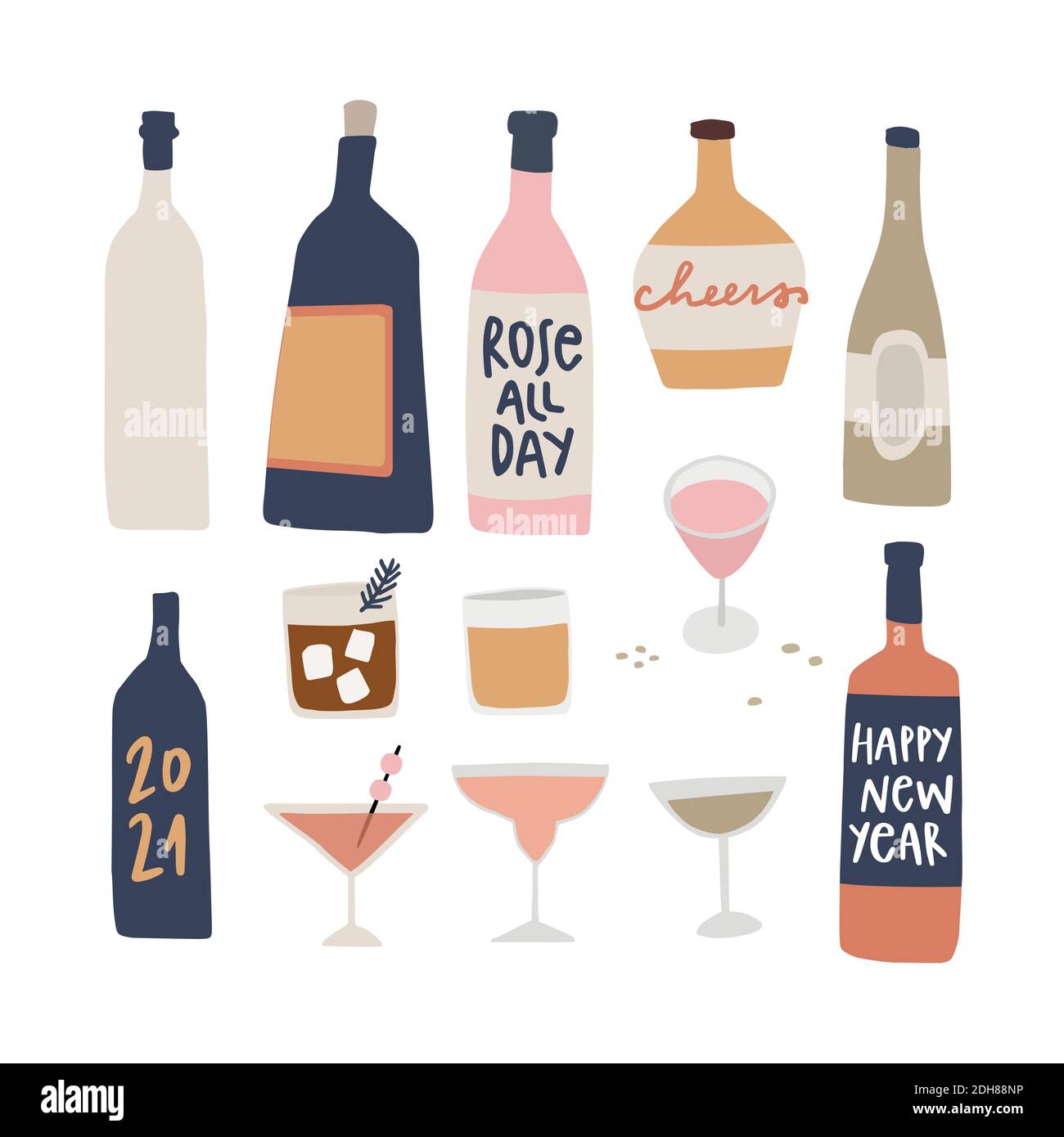 set of hand drawn alcoholic drinks, cocktails with lettering