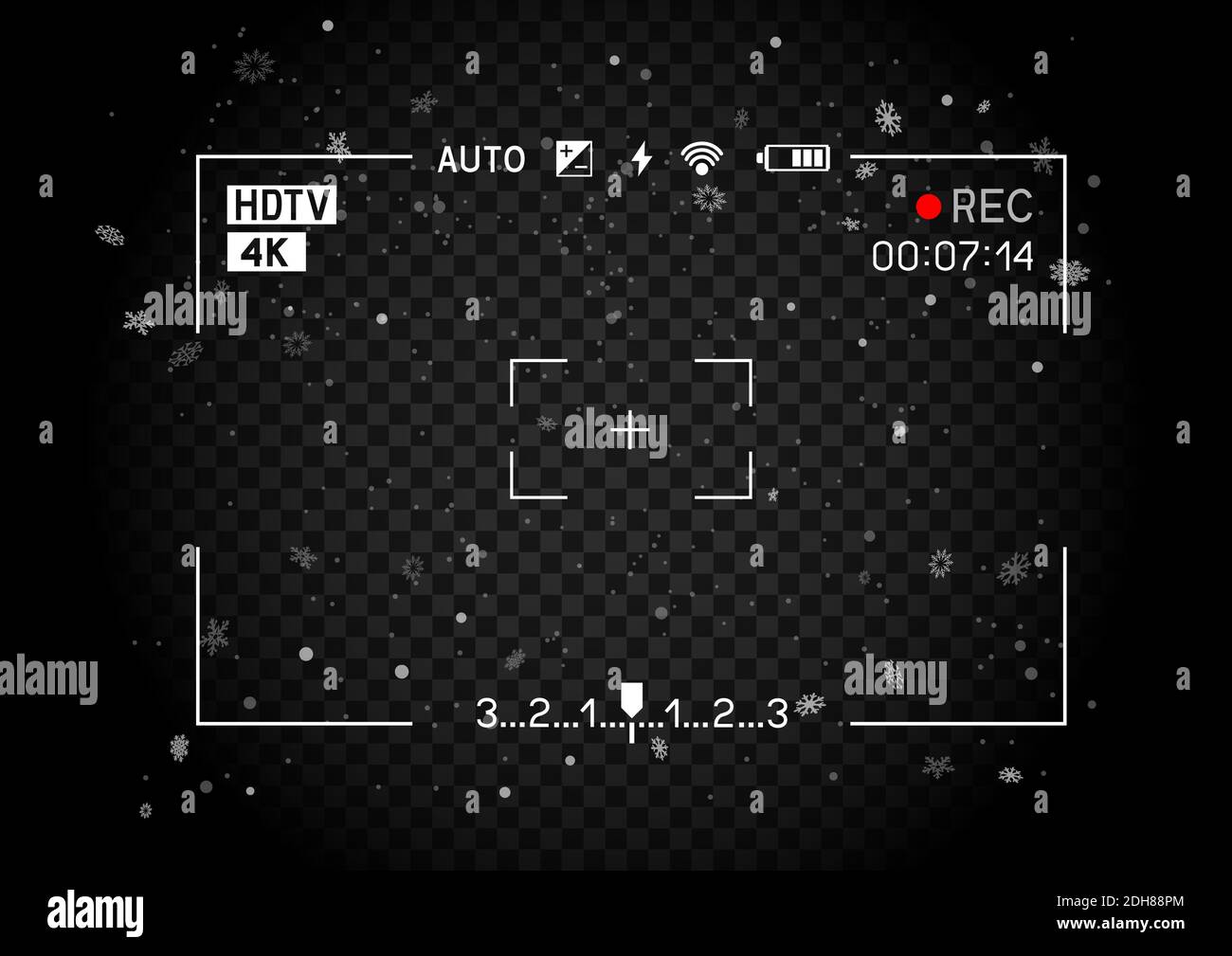 Christmas rec camera viewfinder with snowfall Stock Vector