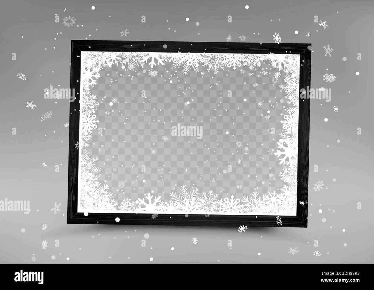 Christmas black photo frame with snowfall Stock Vector