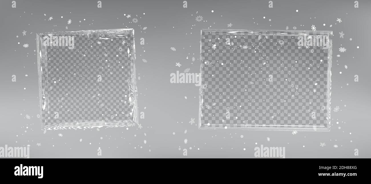 Christmas wood texture photo frames with snowfall Stock Vector