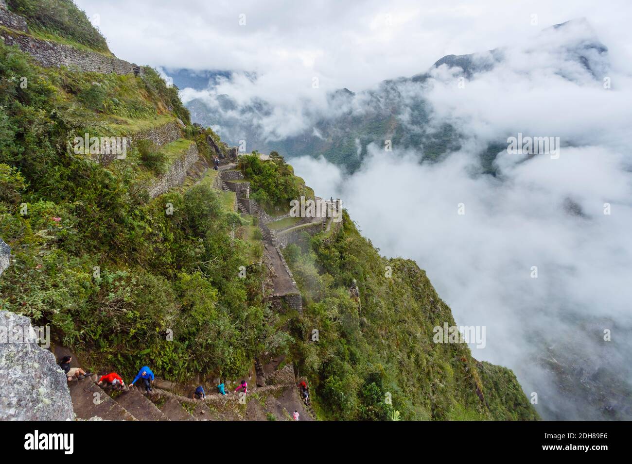 The stone staircase 'Stairs of Death' descent from Huayna Picchu and Inca  terraces in the Urubamba River Valley in morning cloud, Machu Picchu, Peru  Stock Photo - Alamy