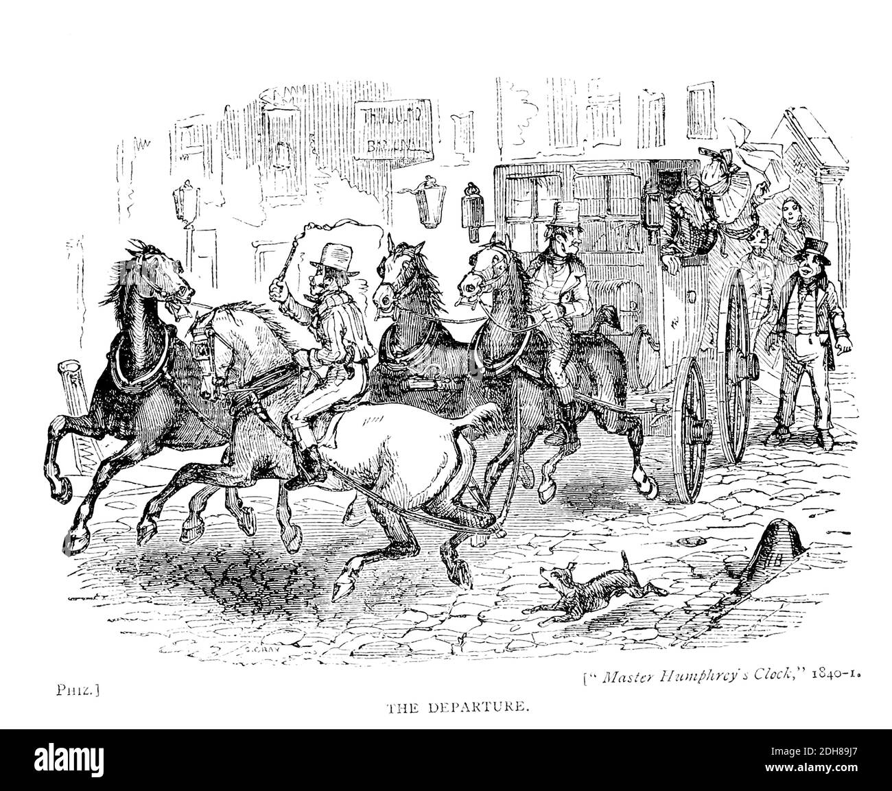 The Departure by Phiz [Hablot Knight Browne (10 July 1815 – 8 July 1882) was an English artist and illustrator. Well-known by his pen name, Phiz, he illustrated books by Charles Dickens, Charles Lever, and Harrison Ainsworth.] From the book English caricaturists and graphic humourists of the nineteenth century : how they illustrated and interpreted their times by Everitt, Graham, author. Published in London in 1886 Stock Photo