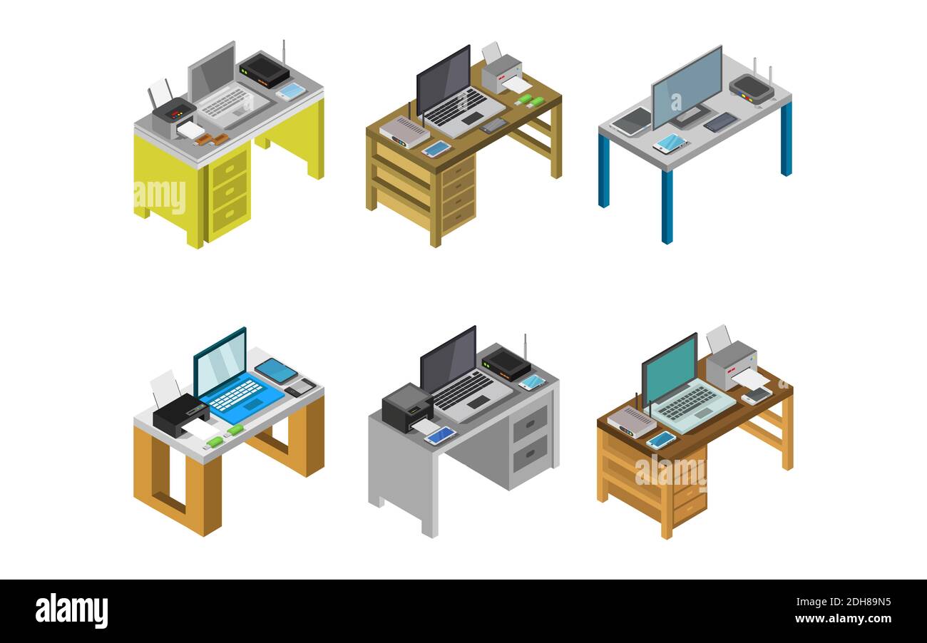 Set Of Isometric Office Desk On Background Vector Graphic Illustration ...