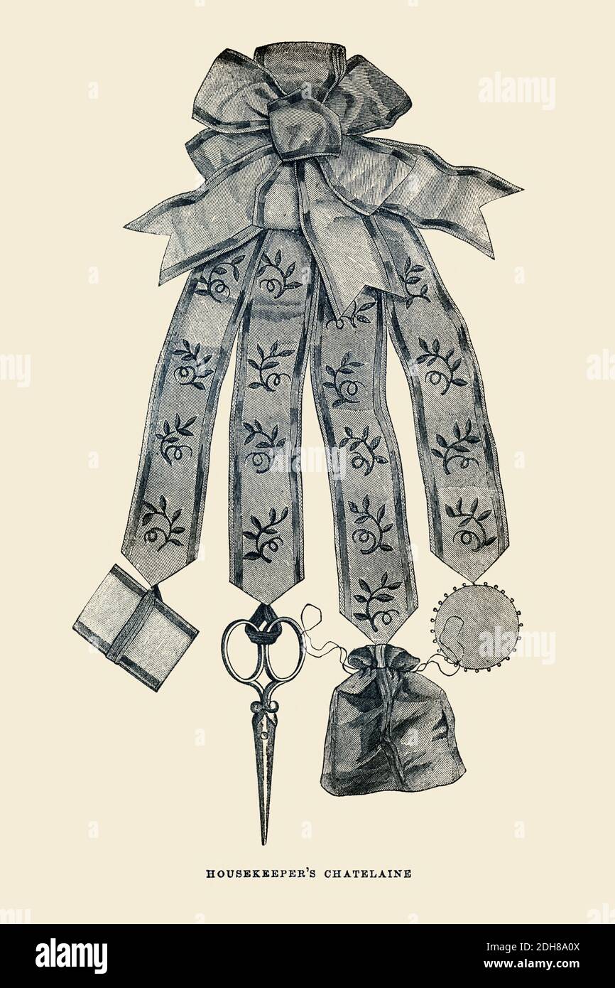 Housekeeper's Chatelaine [a set of short chains on a belt worn by women and men for carrying keys, thimble and/or sewing kit, etc.] from Godey's Lady's Book and Magazine, March, 1864, Volume LXIX, (Volume 69), Philadelphia, Louis A. Godey, Sarah Josepha Hale, Stock Photo