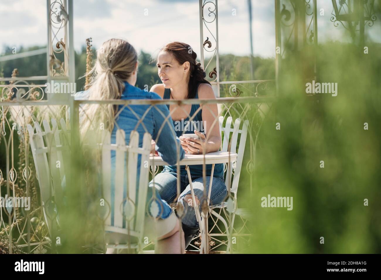 Mid adult female friends with coffee sitting in back yard Stock Photo