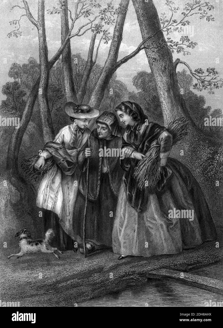 Steel engraving of a helping hand to the aged. Two young women helping an aged woman walk. from Godey's Lady's Book and Magazine, June 1864, Philadelphia, Louis A. Godey, Sarah Josepha Hale, Stock Photo