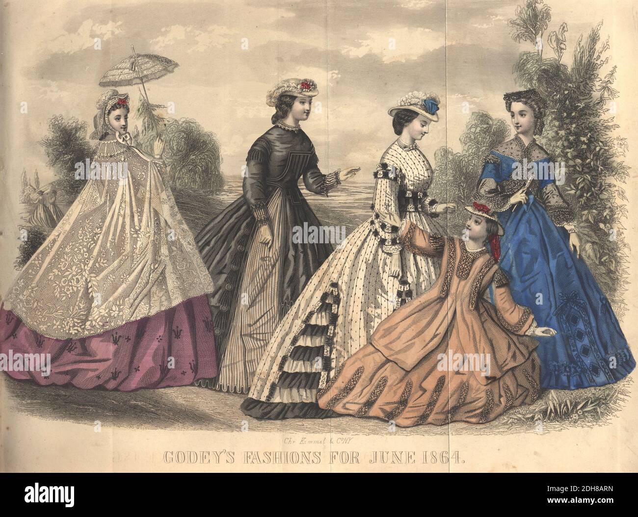 Colour drawing of Godey's women's Fashion for June from Godey's Lady's Book and Magazine, 1864 Philadelphia, Louis A. Godey, Sarah Josepha Hale, Stock Photo
