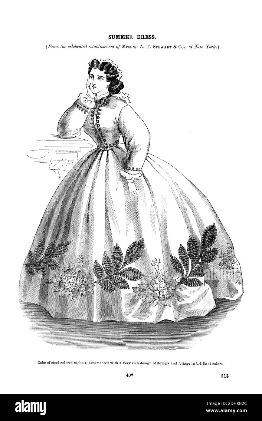 Summer Dress Godey's Fashion for summer 1864 from Godey's Lady's Book and Magazine, June 1864, Philadelphia, Louis A. Godey, Sarah Josepha Hale, Stock Photo