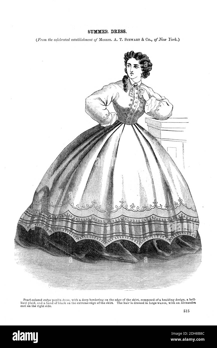Summer Dress Godey's Fashion for summer 1864 from Godey's Lady's Book and Magazine, June 1864, Philadelphia, Louis A. Godey, Sarah Josepha Hale, Stock Photo