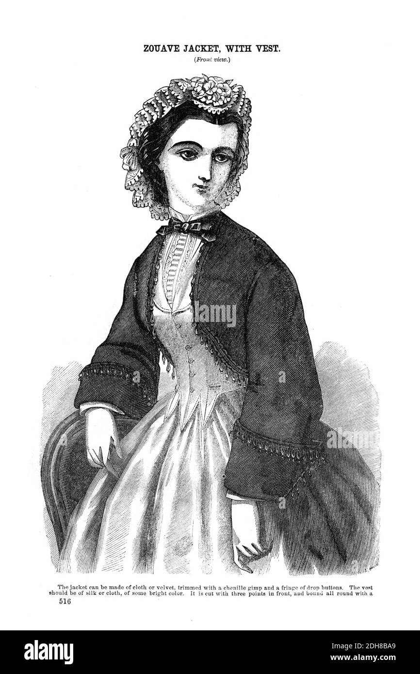Zouave Jacket with vest Godey's Fashion for summer 1864 from Godey's Lady's Book and Magazine, June 1864, Philadelphia, Louis A. Godey, Sarah Josepha Hale, Stock Photo