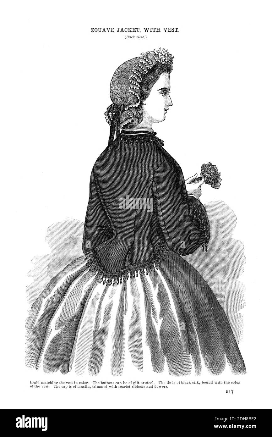 Zouave Jacket with vest Godey's Fashion for summer 1864 from Godey's Lady's Book and Magazine, June 1864, Philadelphia, Louis A. Godey, Sarah Josepha Hale, Stock Photo