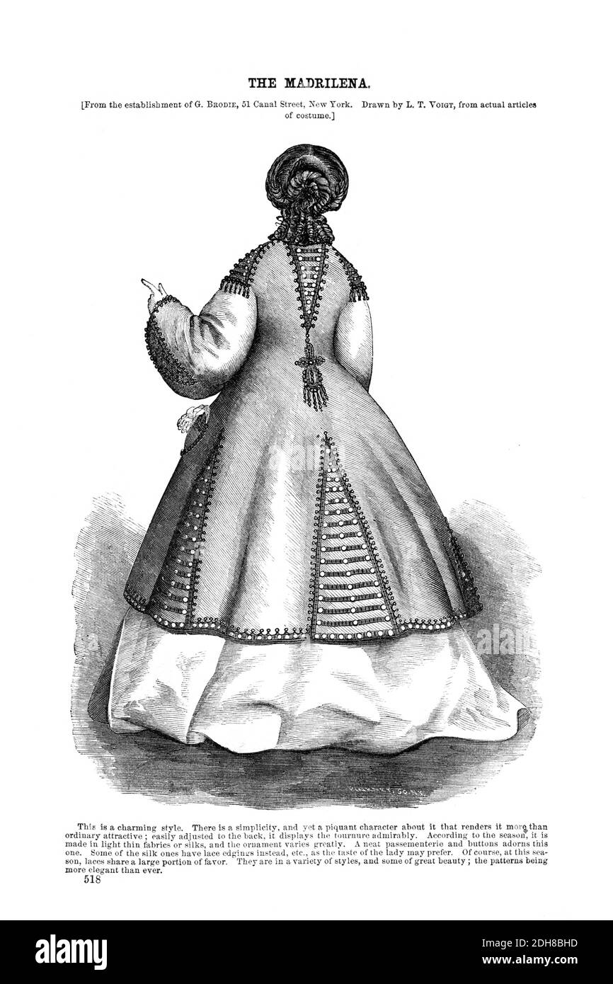 Godey's Fashion for summer 1864 The Madrilena from Godey's Lady's Book and Magazine, June 1864, Philadelphia, Louis A. Godey, Sarah Josepha Hale, Stock Photo