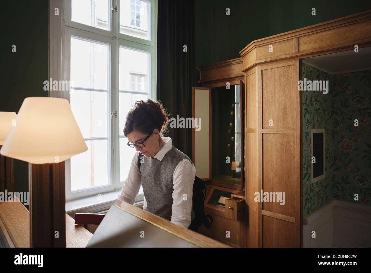 Female lawyer standing at desk in library Stock Photo