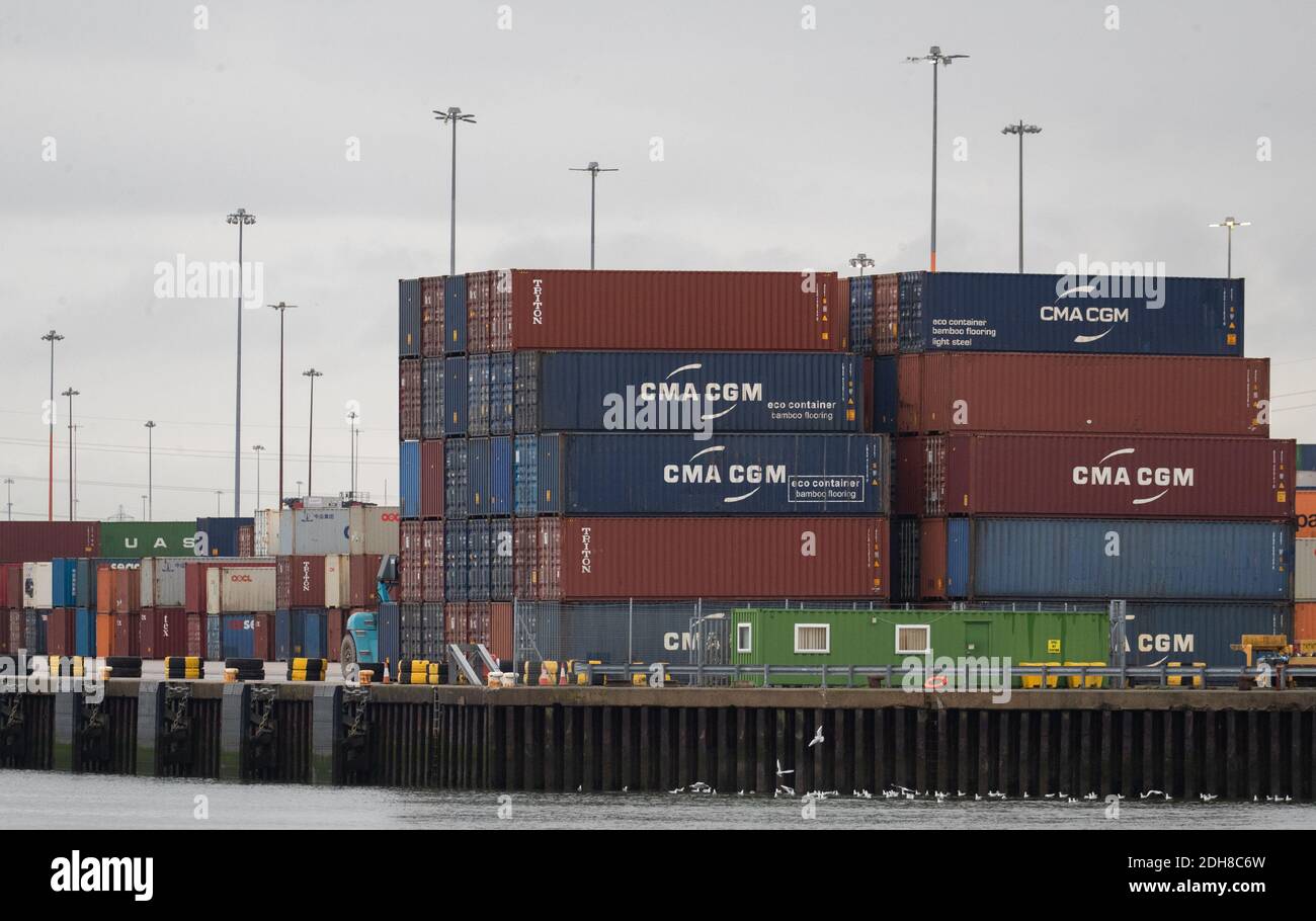 Containers are stacked up at DP World container terminal in Southampton Docks. Stock Photo