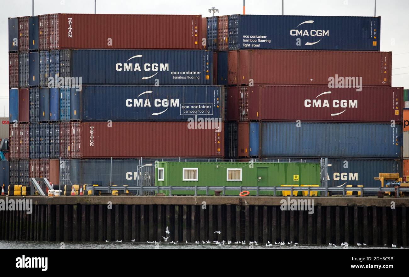 Containers are stacked up at DP World container terminal in Southampton Docks. Stock Photo