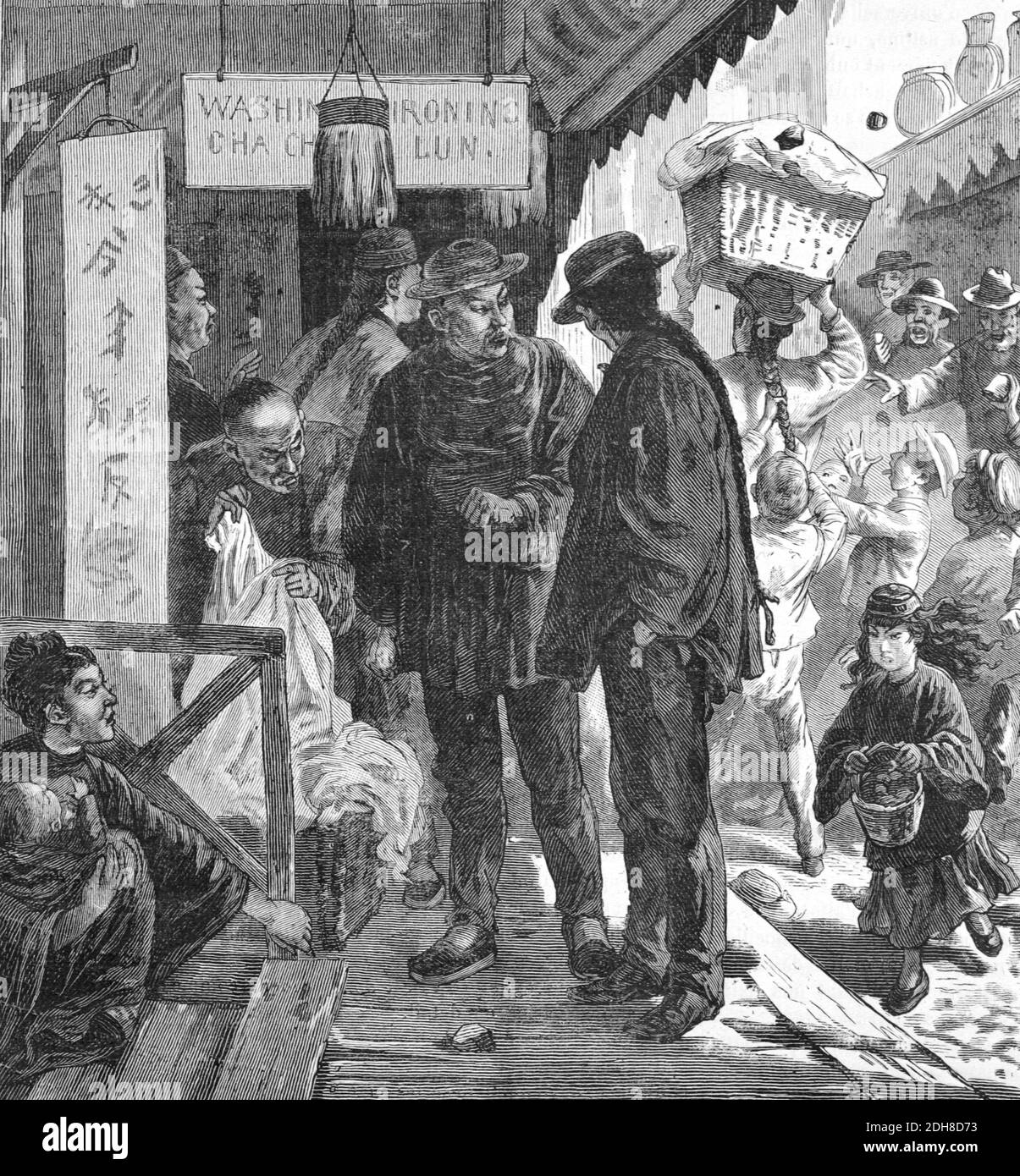 Chinese Settlers or Immigrants in Chinatown San Francisco USA (Eng 1880) Vintage Illustration or Engraving Stock Photo