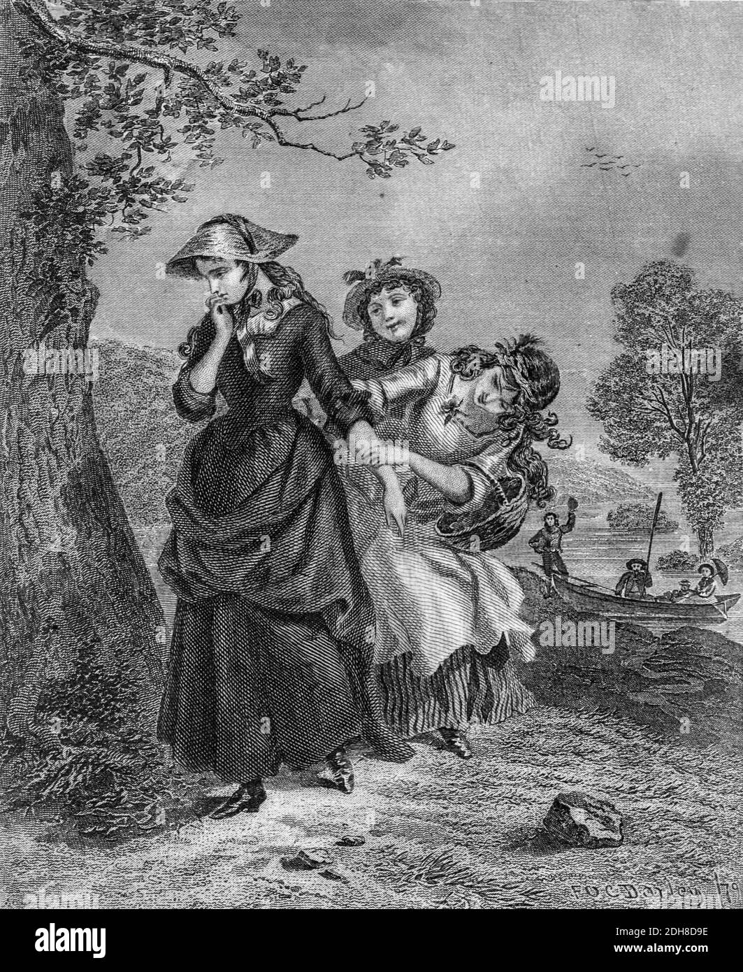 Girls play outdoors Artwork from Godey's Lady's Book and Magazine, 1880, Published in Philadelphia, USA by Louis A. Godey, Sarah Josepha Hale, Stock Photo