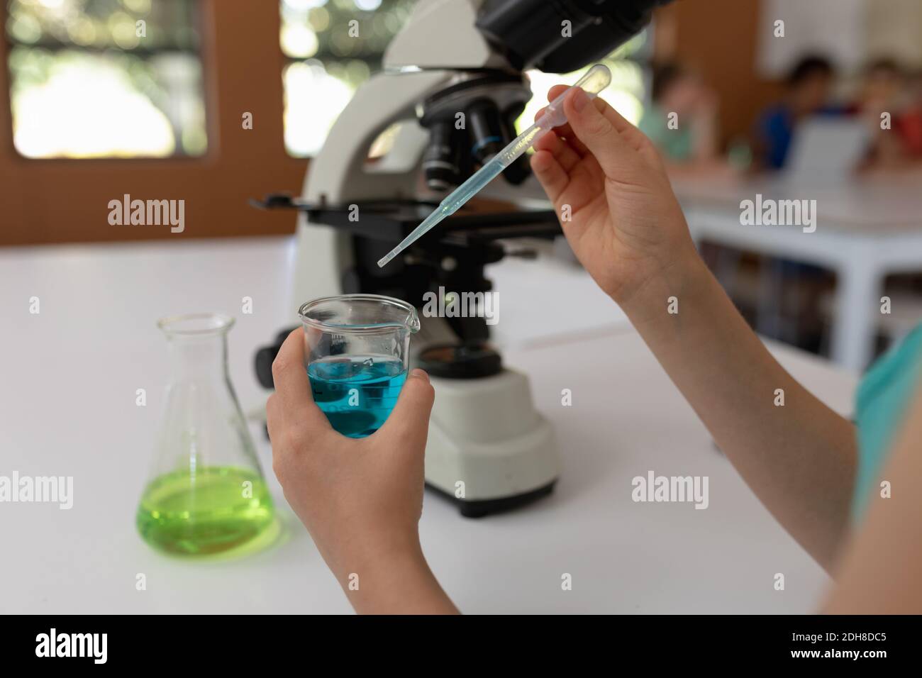 Elementary school girl in chemistry class Stock Photo