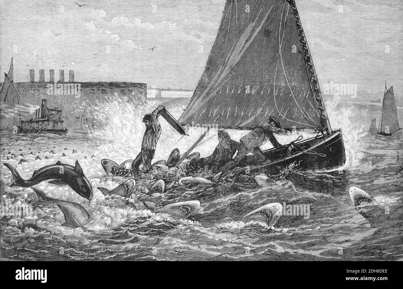 Sailors & Sailing Boat Attacked by Herd, Frenzy, School or Shiver of Sharks (Engr 1880) Vintage Illustration or Engraving Stock Photo
