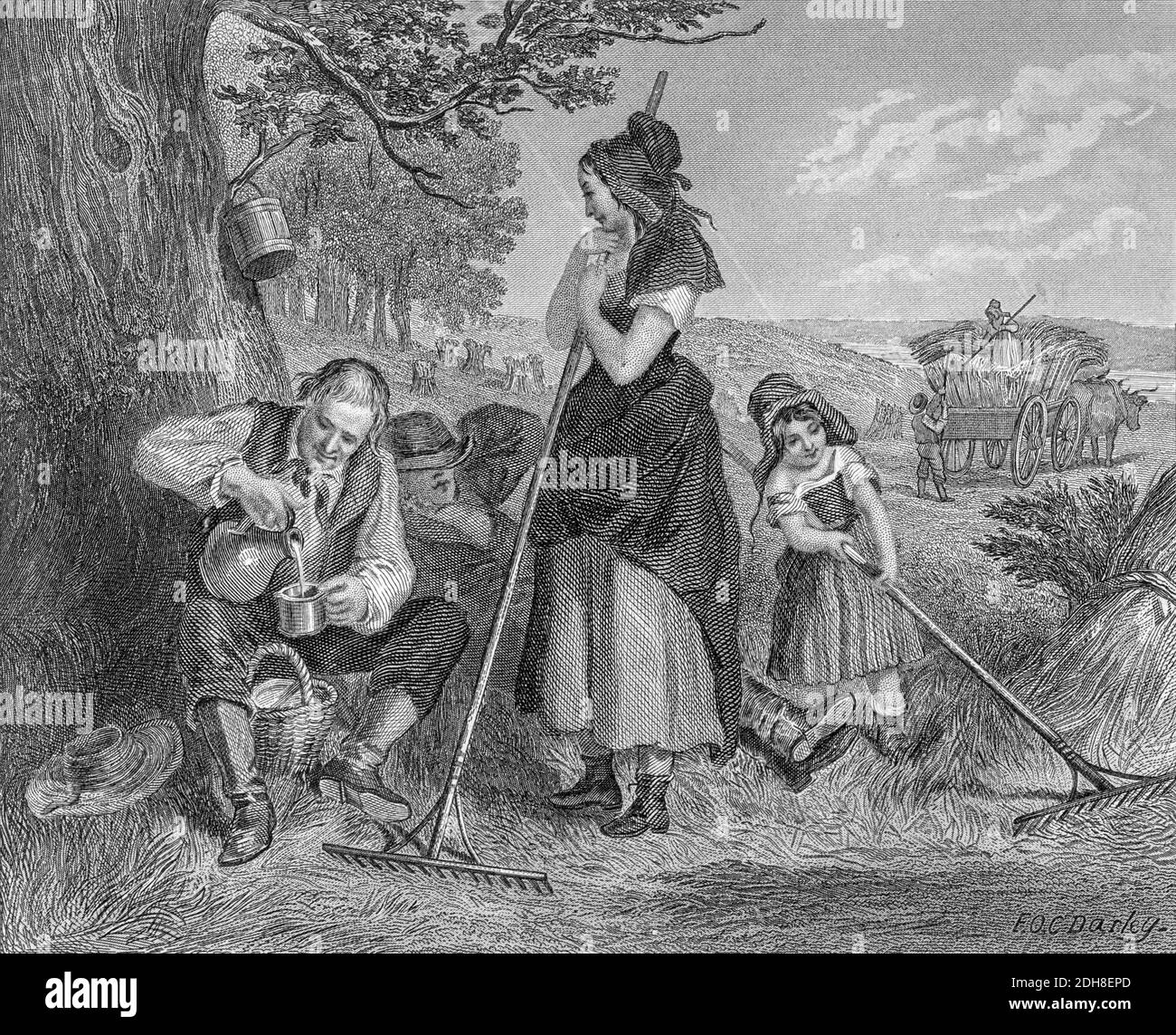 Summer Harvest family working the fields Steel engraving from Godey's Lady's Book and Magazine, Vol 101 July to December 1880 in Philadelphia Stock Photo