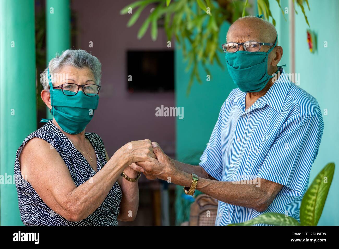 Elderly couple relationship with face mask Stock Photo