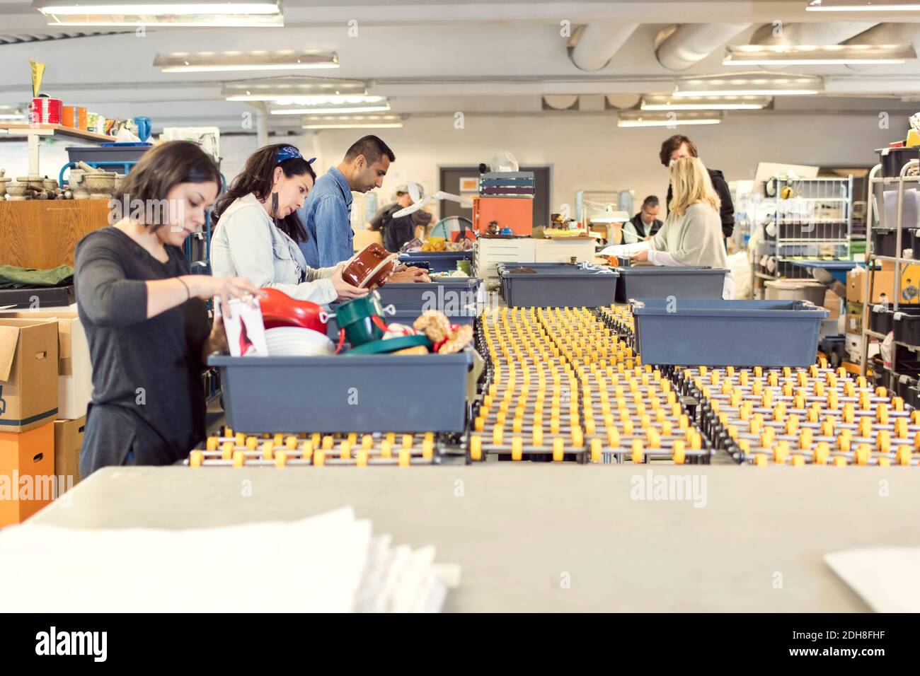 Serious volunteers checking objects in crates on production line at illuminated workshop Stock Photo