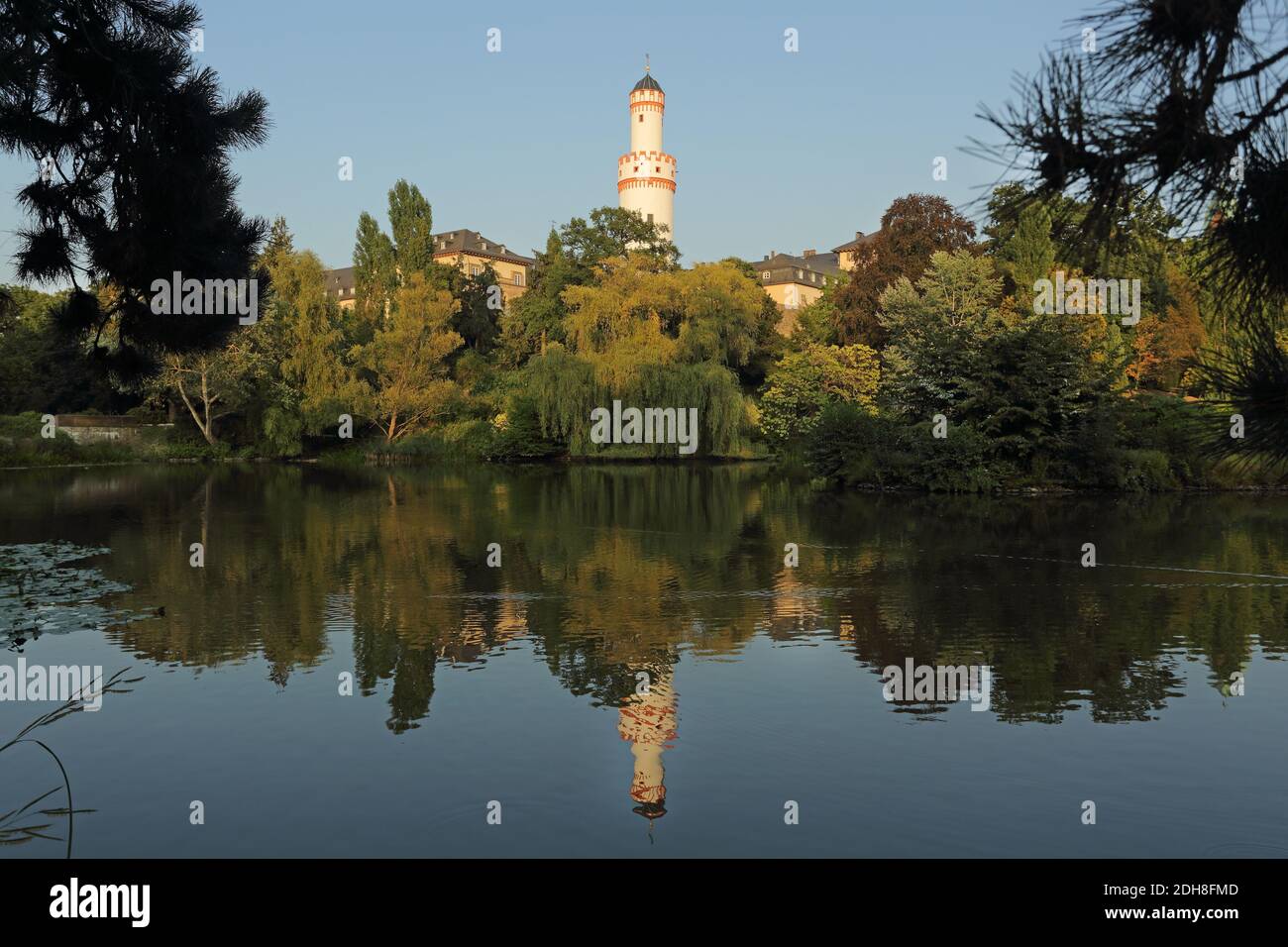 White tower, castle, park, pond, Bad Homburg, Hesse, Germany Stock Photo