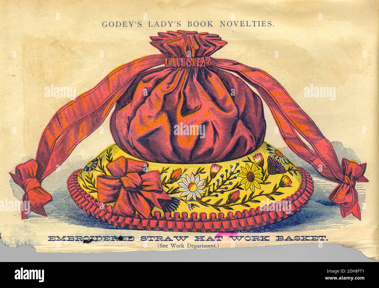 Embroidered straw hat work basketFrom Godey's Lady's Book and Magazine, Vol 101 July to December 1880 published in Philadelphia Stock Photo