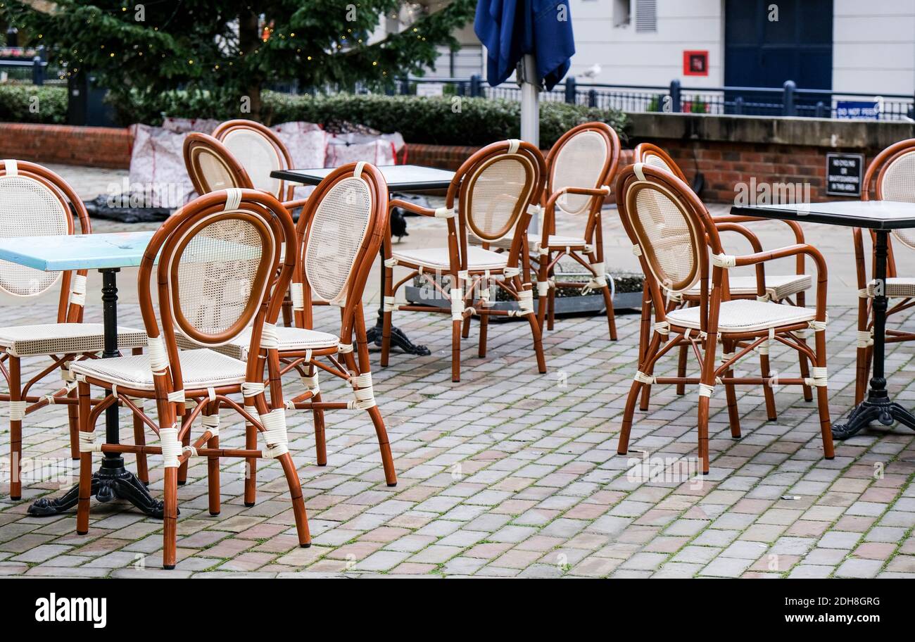 Kingston London, December 09 2020, Empty Outside Seating Area Of A Bar Restaurant With No Customers During COVID-19 Tier 2 Lockdown Stock Photo