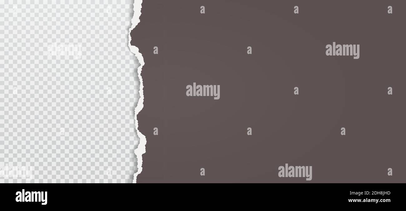 Piece of torn, ripped brown paper with soft shadow is on grey transparent background for text. Vector illustration Stock Vector