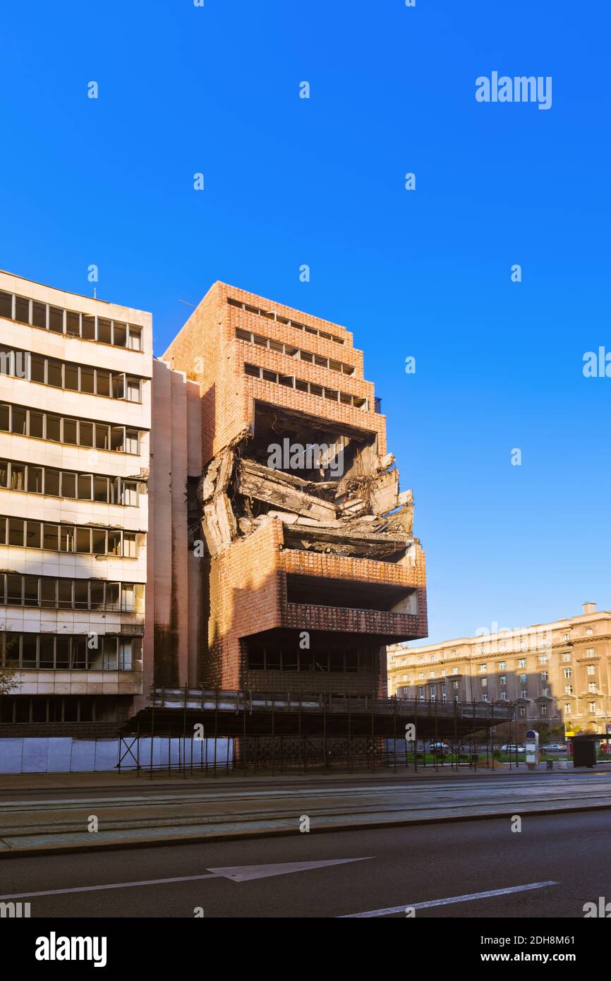 Ruins of Ministry of Defense Building from NATO Bombing - Belgrade Serbia Stock Photo