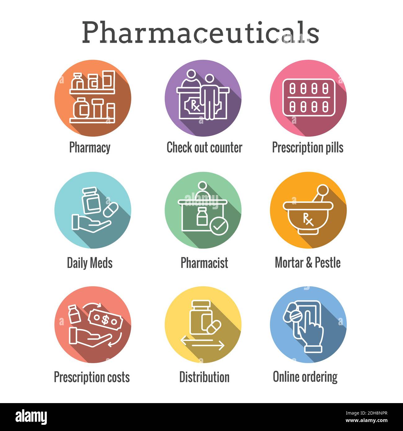 Pharmaceuticals, medication icon set with mortar and pestle, pharmacy, otc Stock Vector