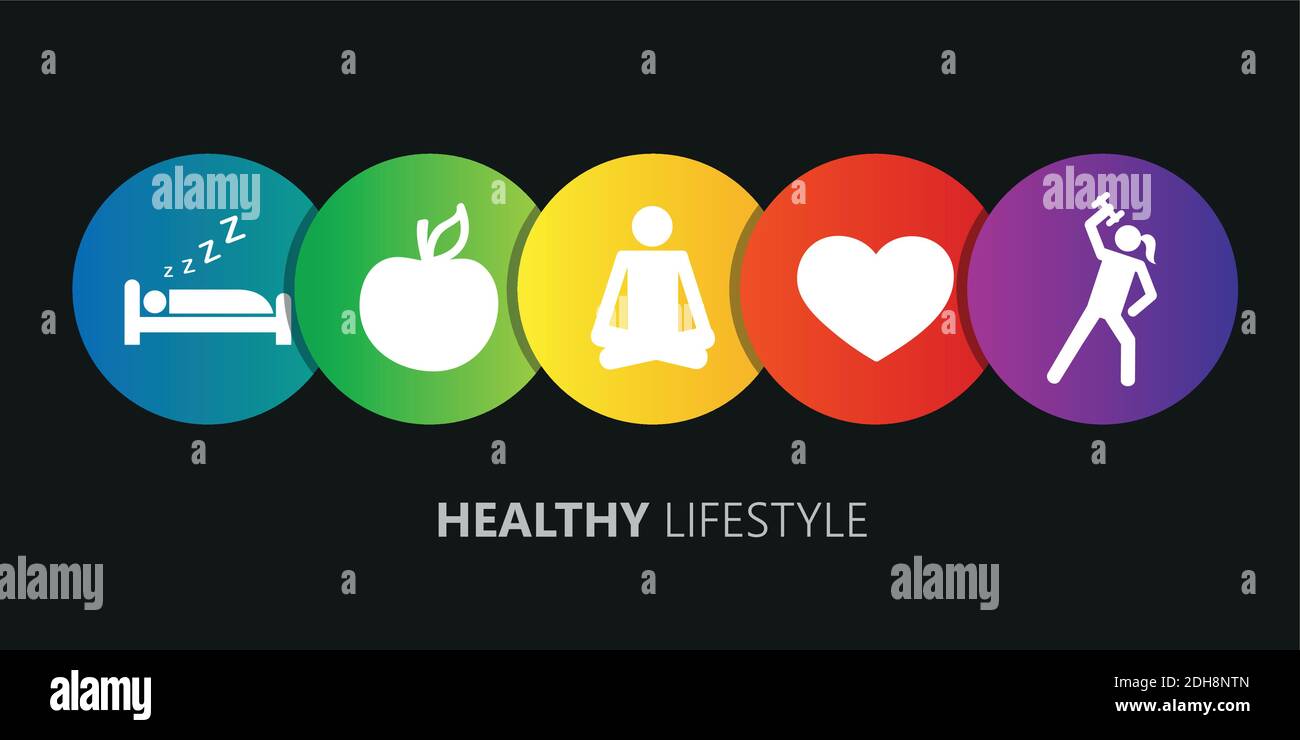 healthy lifestyle icons sleep apple yoga heart sport vector illustration EPS10 Stock Vector