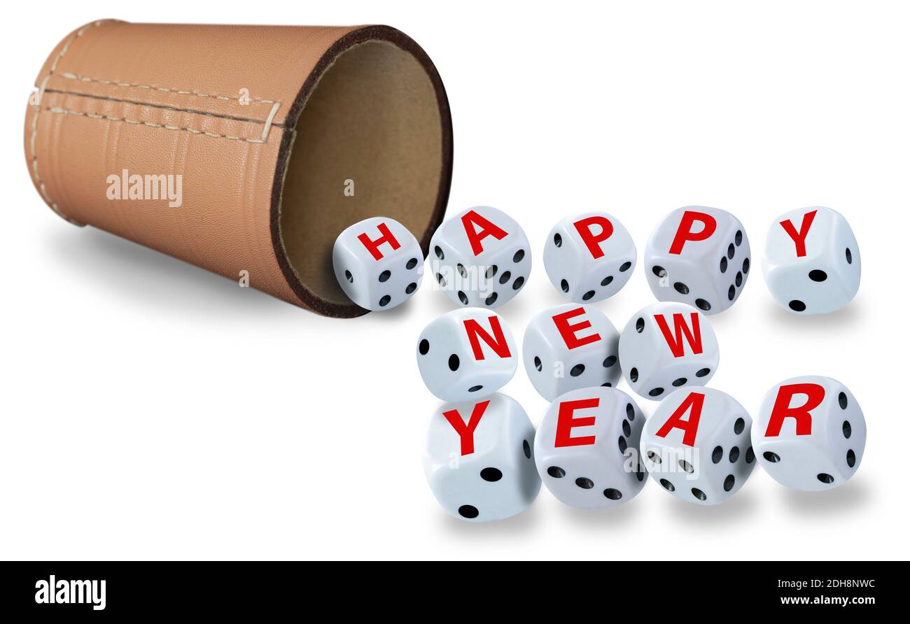 Dice spelling Happy New Year when tumbling out of a raffle cup on white  background. Good luck and wealth concept Stock Photo - Alamy