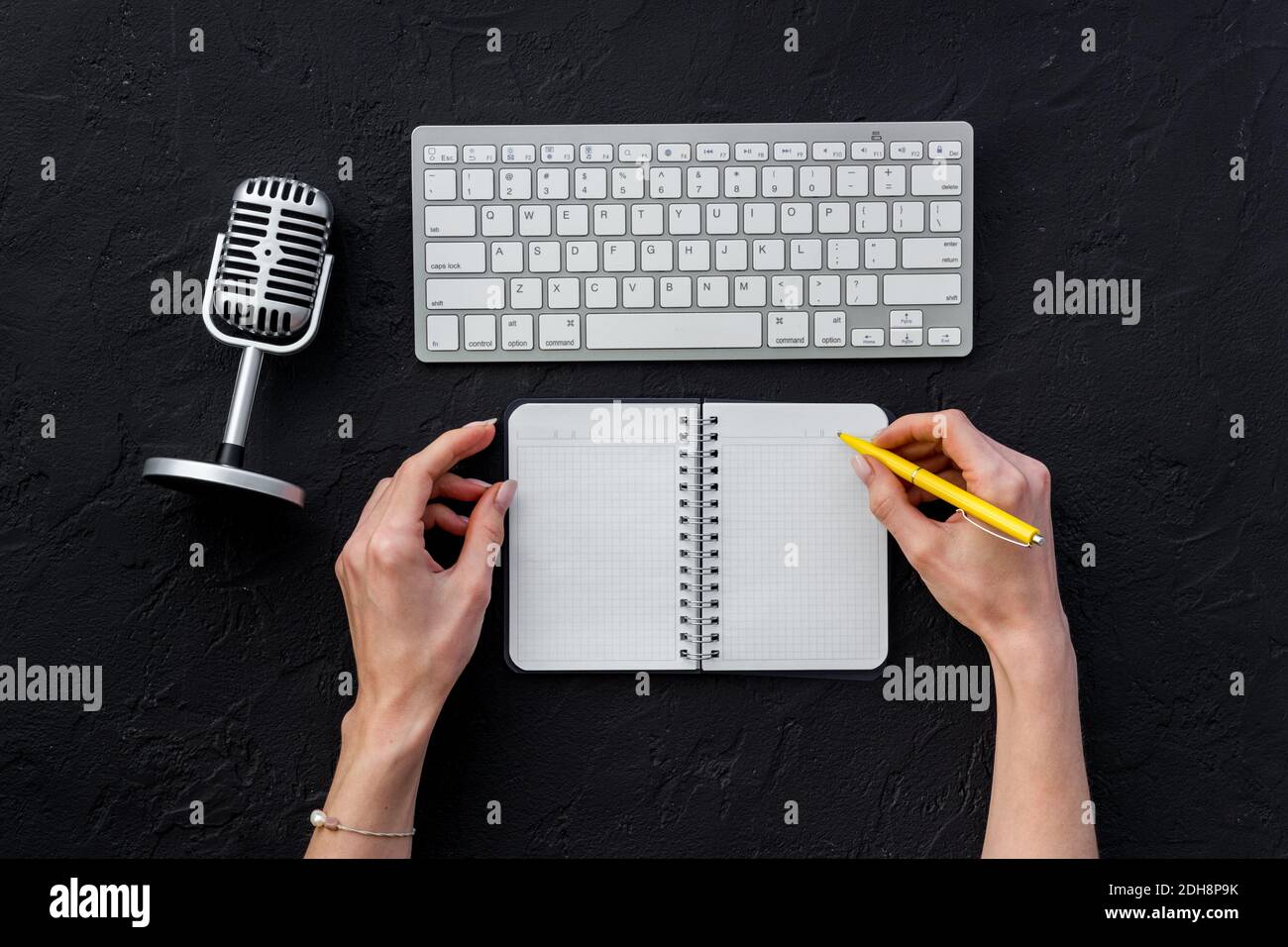 Blogger and streamer job with microphone on table, top view Stock Photo