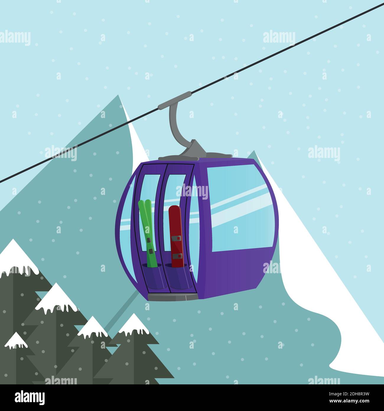 Alps ski lift gondola with skis and snowboard above the mountain's peak. Extreme tourist backgrounds and vector illustrations Stock Vector