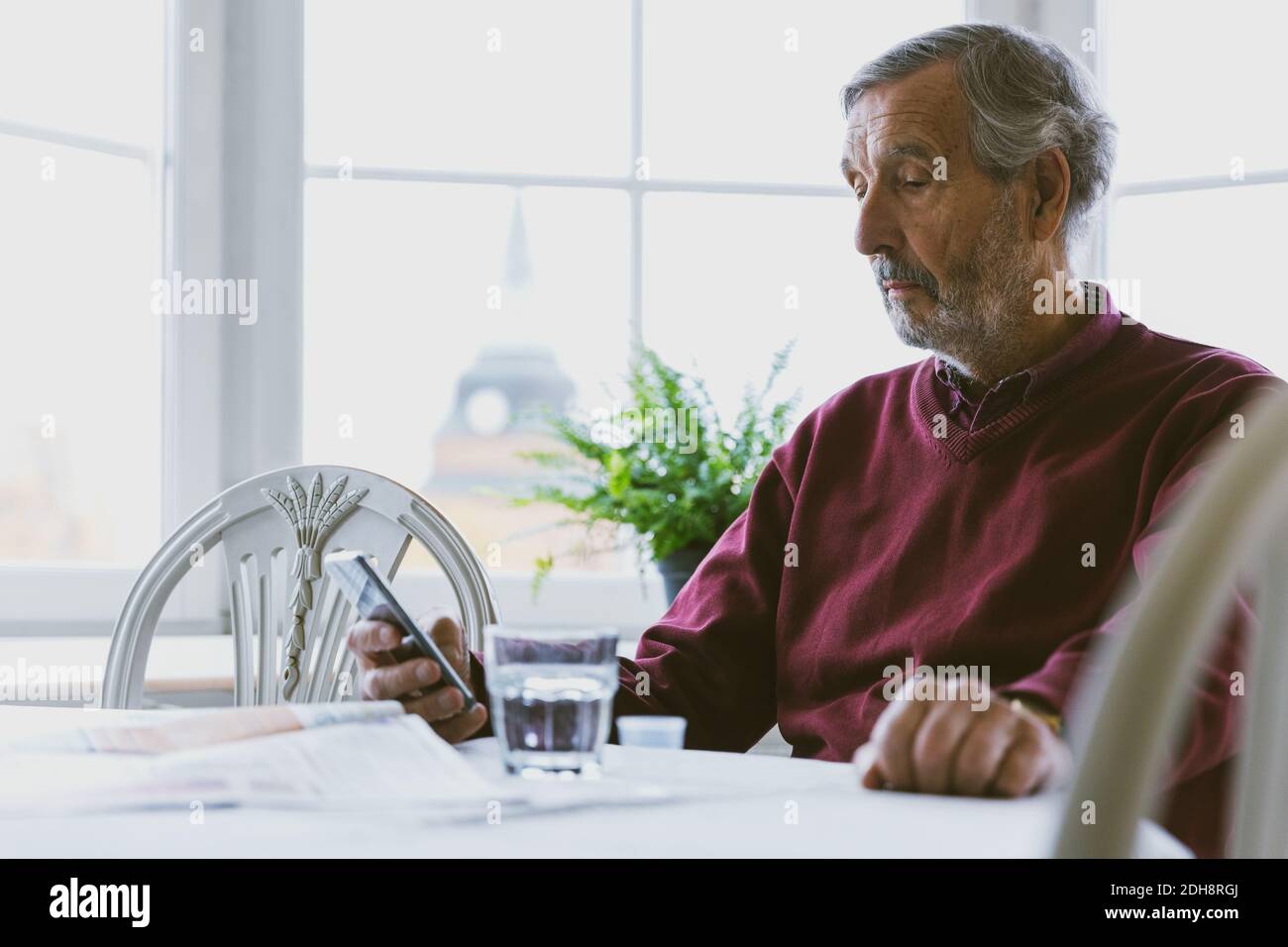 Senior man using smart phone at home Stock Photo