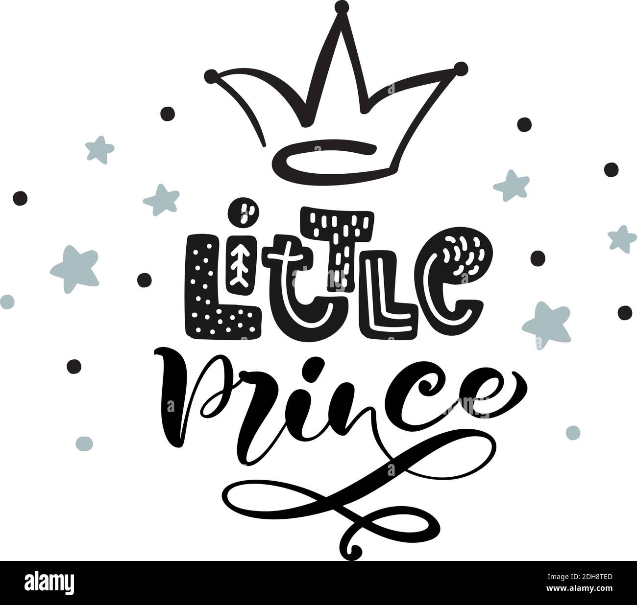 Little prince calligraphy lettering hand drawn scandinavian illustration with crown and stars. Blue and black decorative background vector. Poster Stock Vector