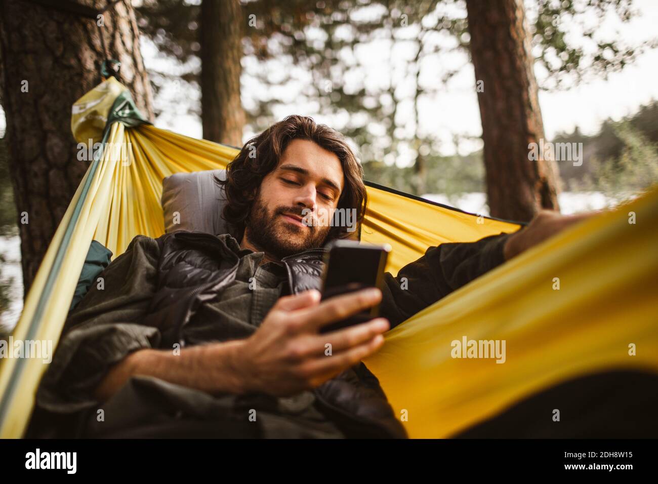 Young man using smart phone while lying over hammock in forest Stock Photo