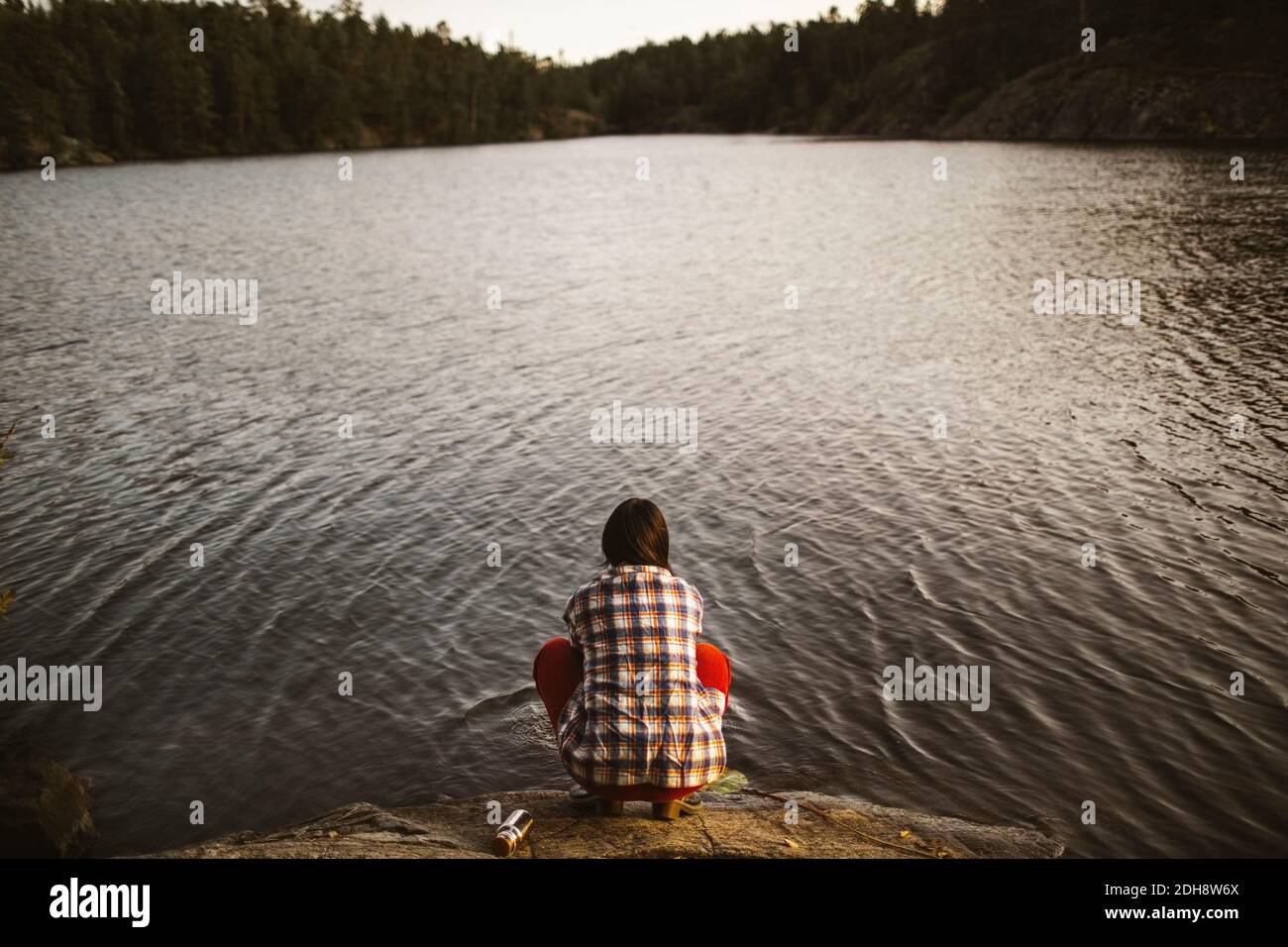 Rear view of woman washing hands by lake in forest Stock Photo