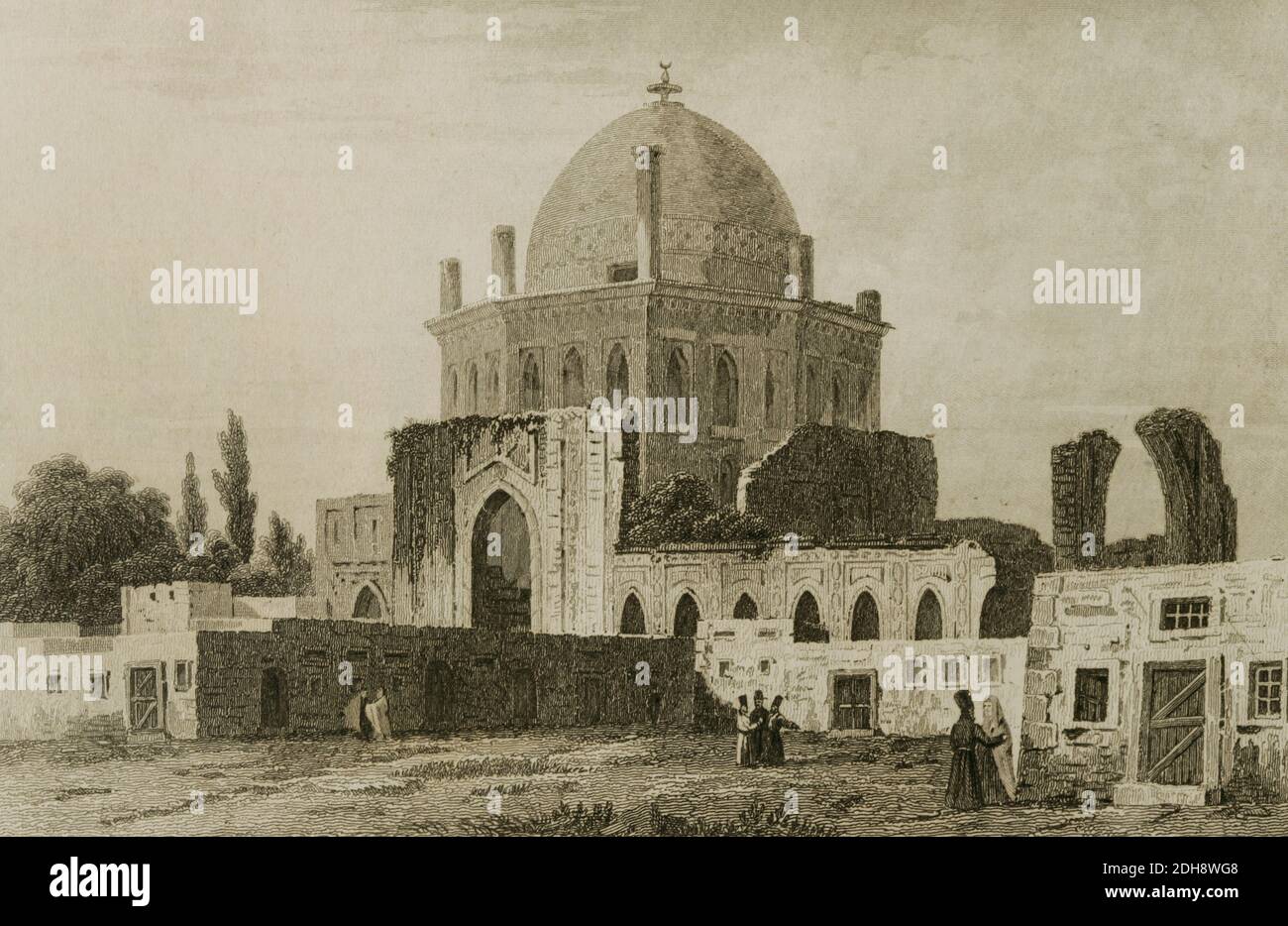 Persia, Soltaniyeh  (Zanjan province). The capital of the rulers of the Persian Ikhanate during the 14th century. Mausoleum of the eighth Mongolian khan Il-Khan Oljeitu or the great Dome of Soltaniyeh (1302-1312). At the end of the 16th century the town was practically abandoned and its monuments in ruins. Engraving. Panorama Universal. History of Persia, 1851. Stock Photo