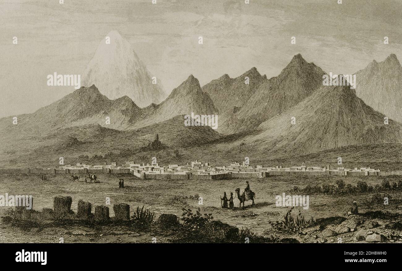Persia, Tehran. Panoramic of the city and Elburz mountain range. Engraving by Alés. Panorama Universal. History of Persia, 1851. Stock Photo