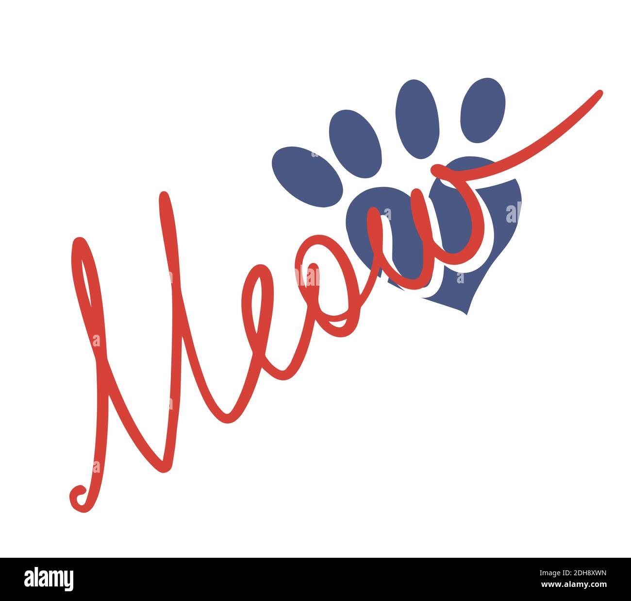 Lettering word meow isolated on white background with heart shaped cat paw print eps10 vector hand drawn illustration. Stock Vector