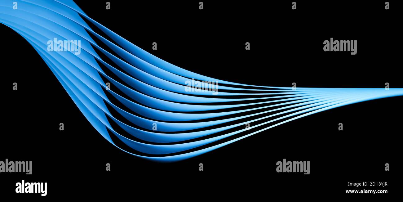 Abstract modern 3D object with many layers, flowing curves or shapes, black background, cgi illustration, rendering, light blue Stock Photo