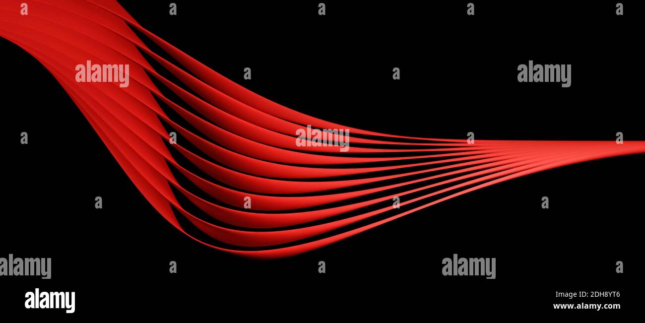 Abstract modern 3D object with many layers, flowing curves or shapes, black background, cgi illustration, rendering, red Stock Photo