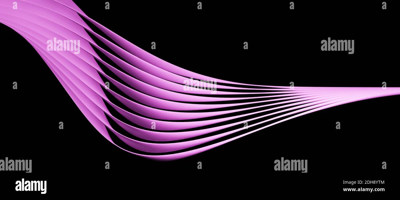 Abstract modern 3D object with many layers, flowing curves or shapes, black background, cgi illustration, rendering, purple, neon Stock Photo